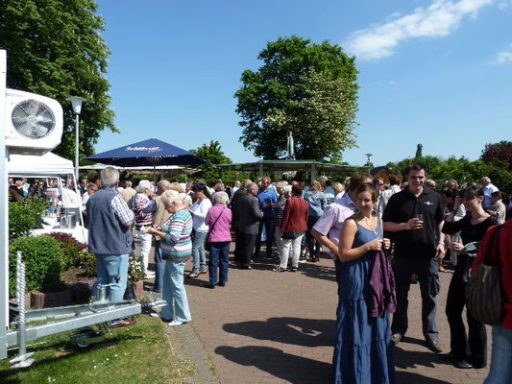 Menschenmenge bei einer Veranstaltung in einem Park unter blauem Himmel.